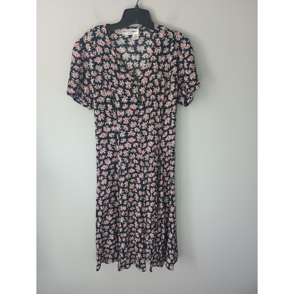 VTG Betsy's Things Petite Women's Size 16 Tie Back Short Sleeve Pink Floral Mini